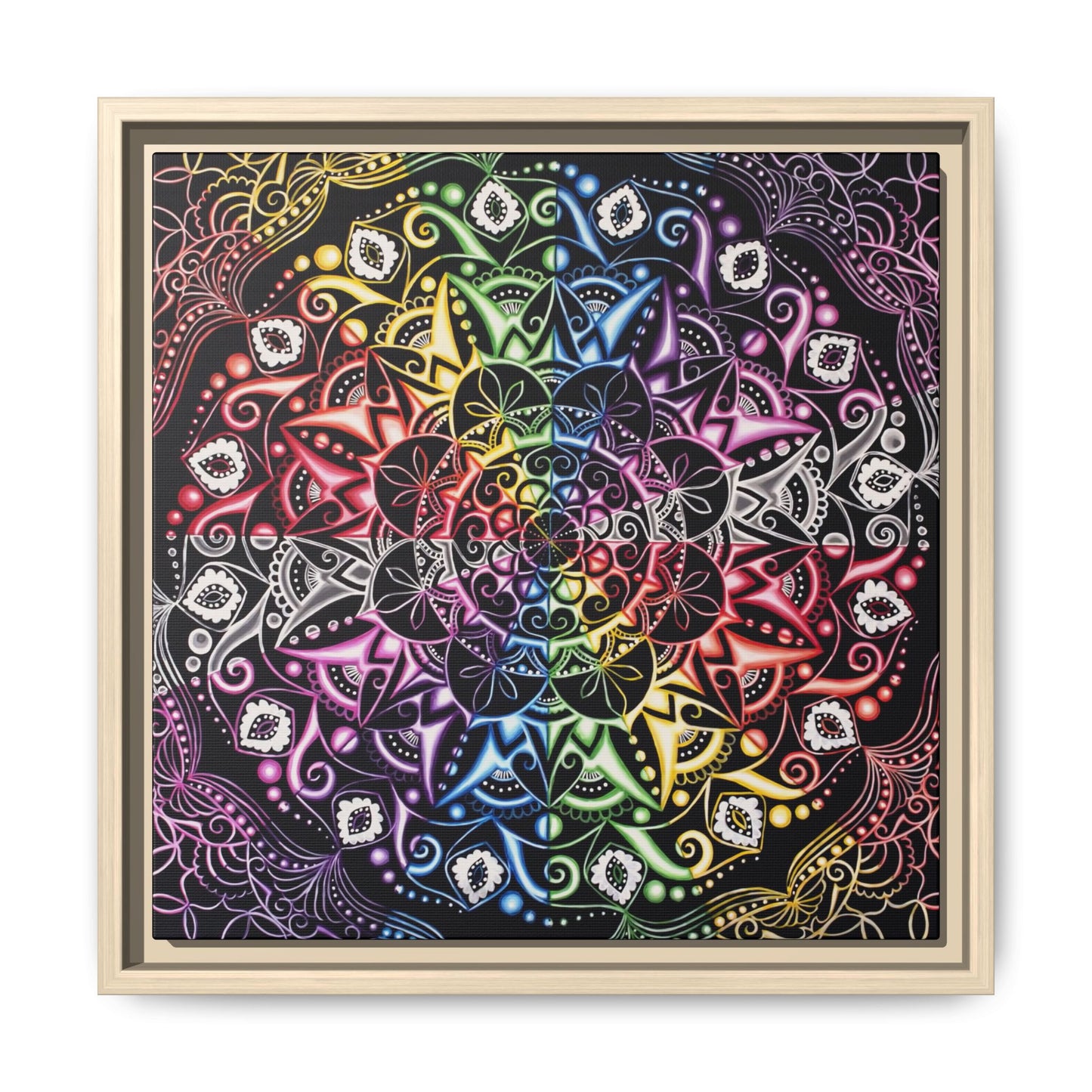 Rainbow Mandala Framed Canvas Art — Psychedelic Boho Wall Decor