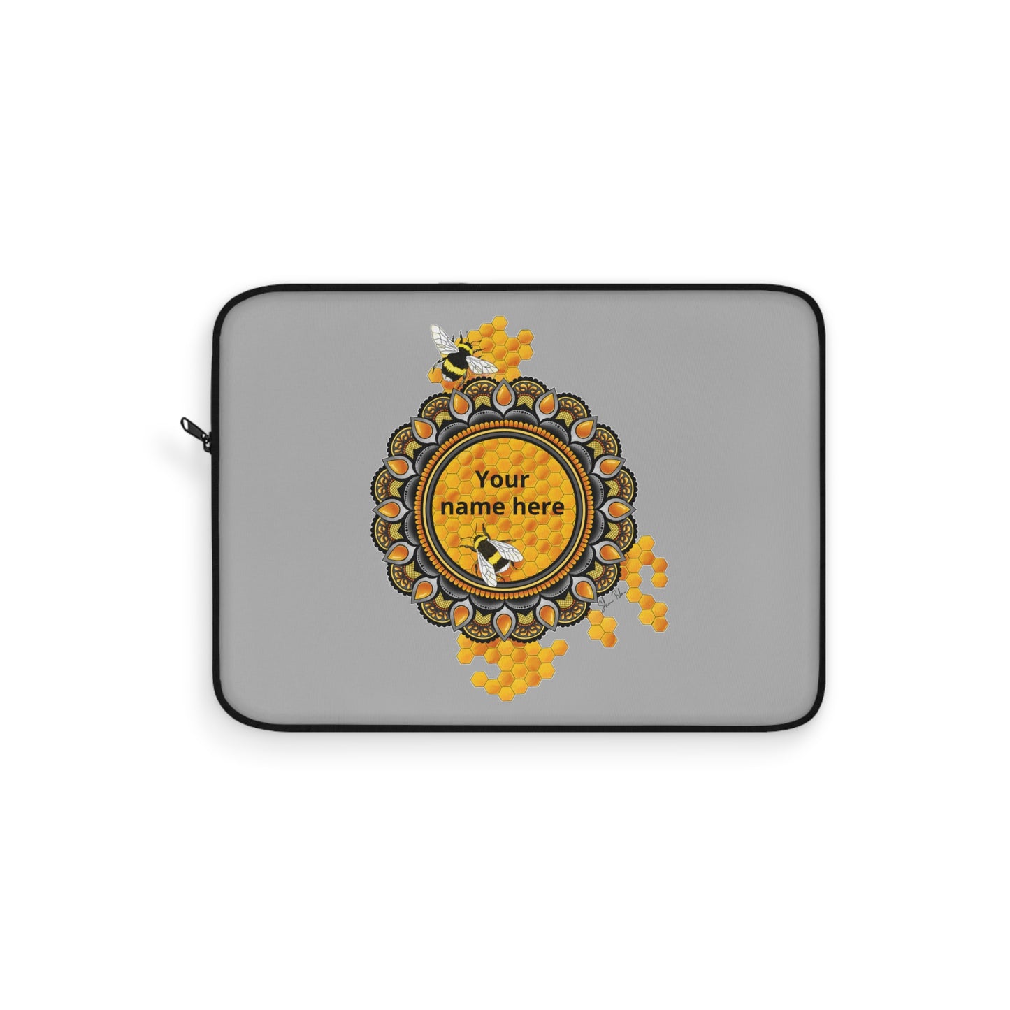 Personalized Honeybee Laptop Sleeve — Custom Name Botanical Mandala Design