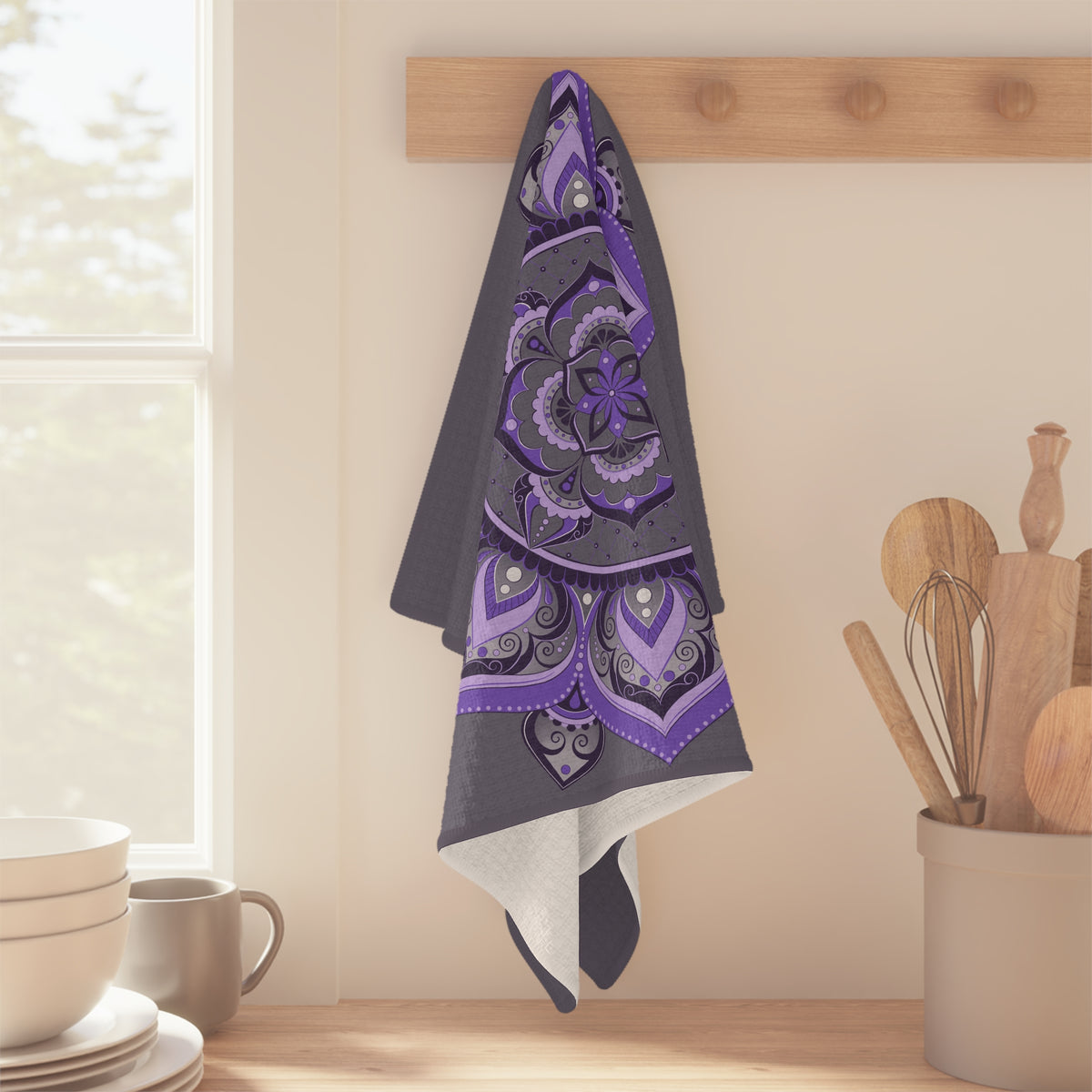 Purple Mandala Microfiber Tea Towel — Boho Floral Kitchen Towel | Meditative Home Decor Gift