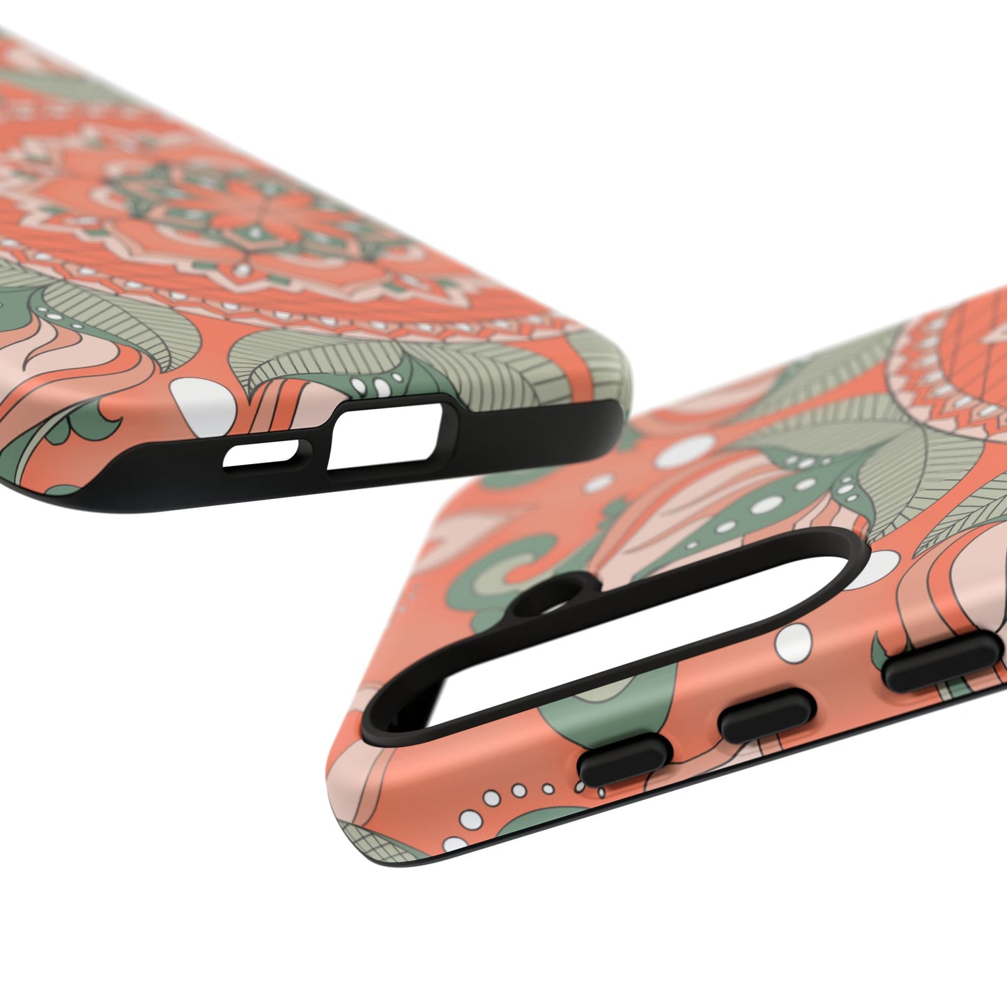 "Persimmon" Mandala Floral Phone Case — Boho Coral Green Protective Cover