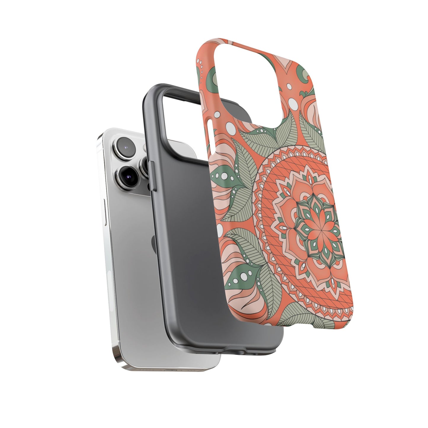 "Persimmon" Mandala Floral Phone Case — Boho Coral Green Protective Cover