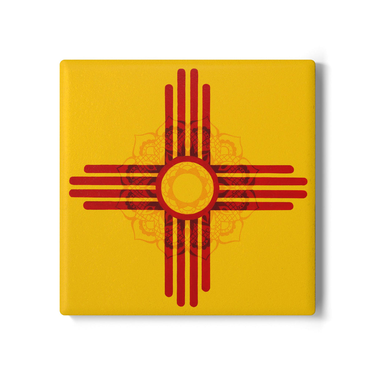 Zia Sun Ceramic Coaster — New Mexico Flag Symbol Yellow & Red Drink Mat