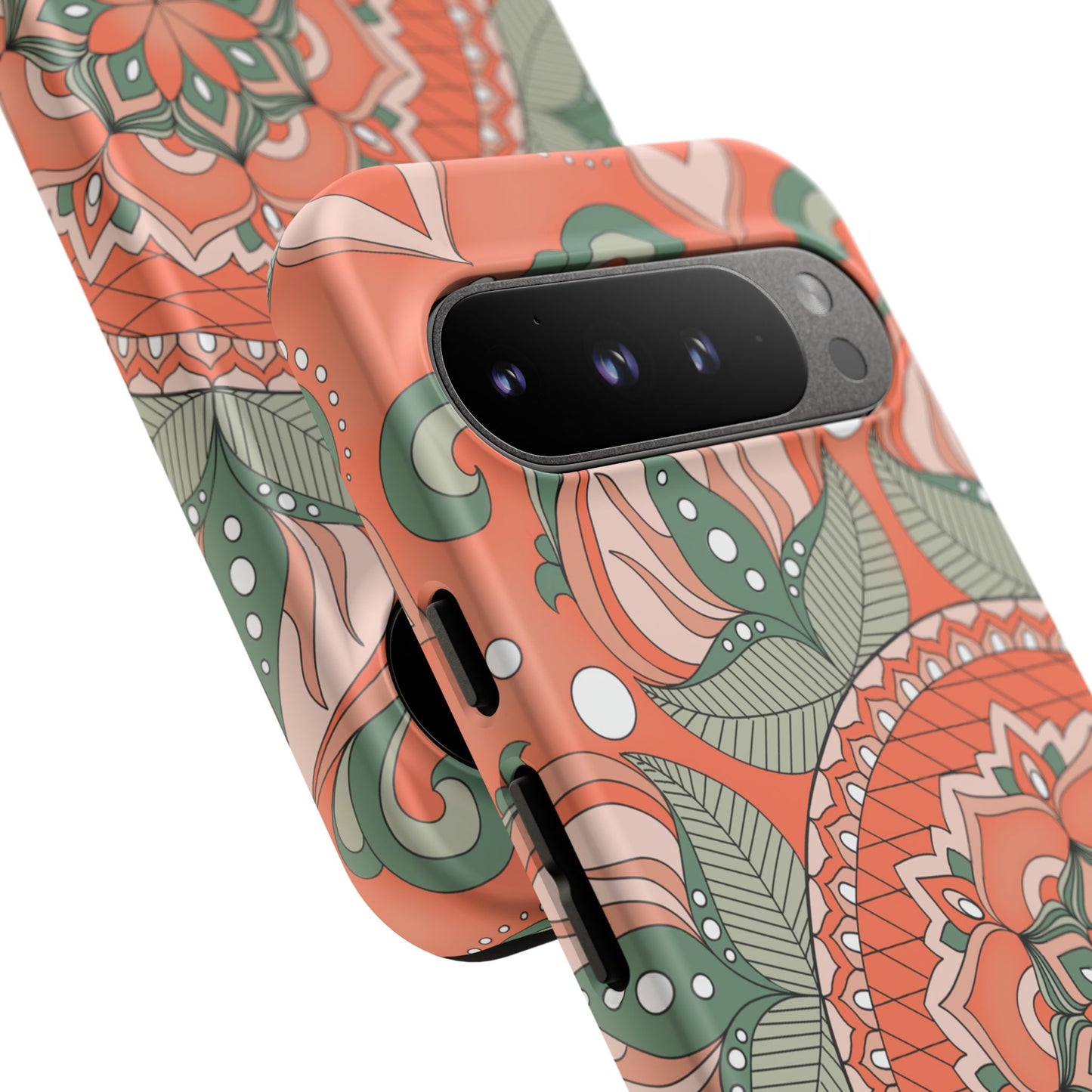 "Persimmon" Mandala Floral Phone Case — Boho Coral Green Protective Cover
