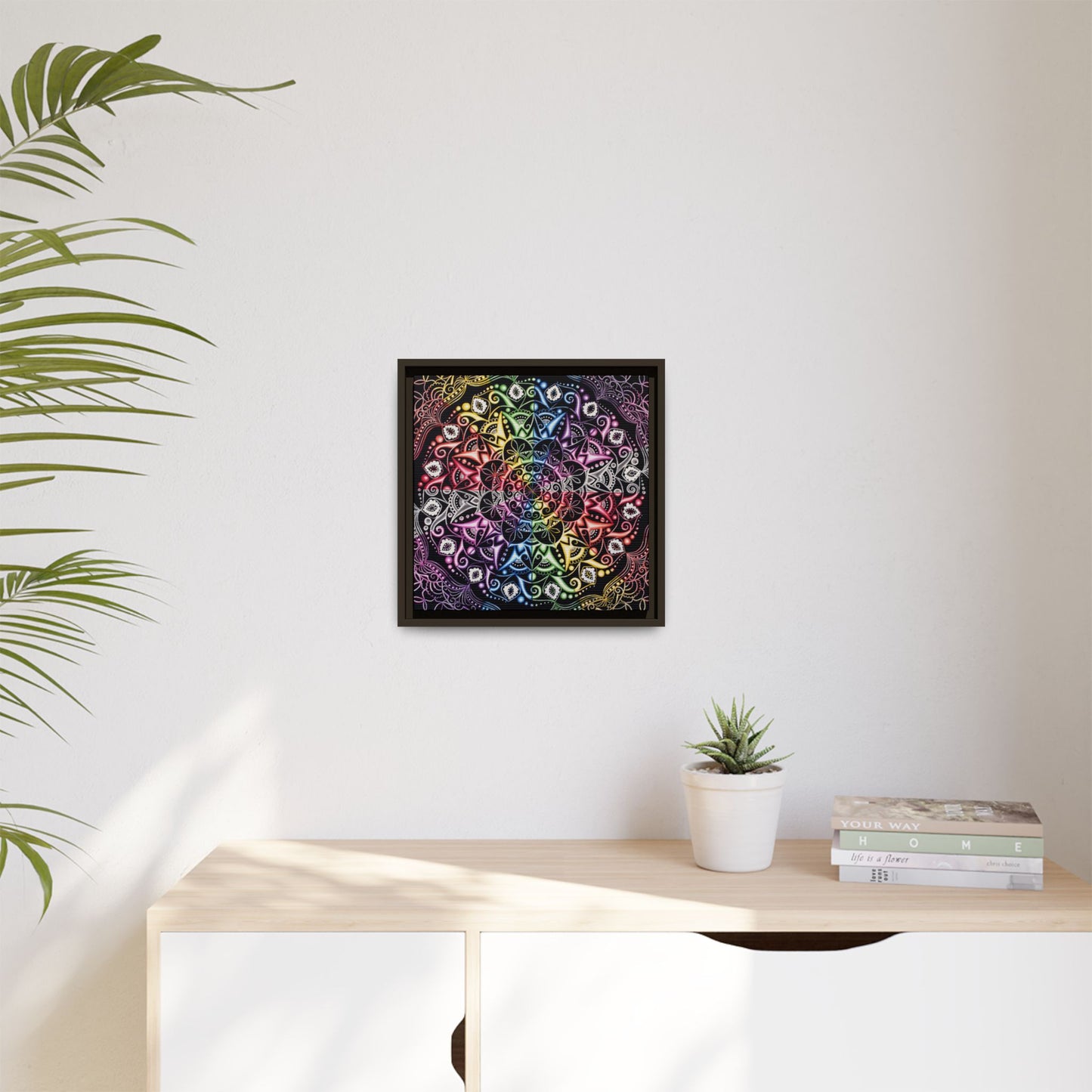 Rainbow Mandala Framed Canvas Art — Psychedelic Boho Wall Decor