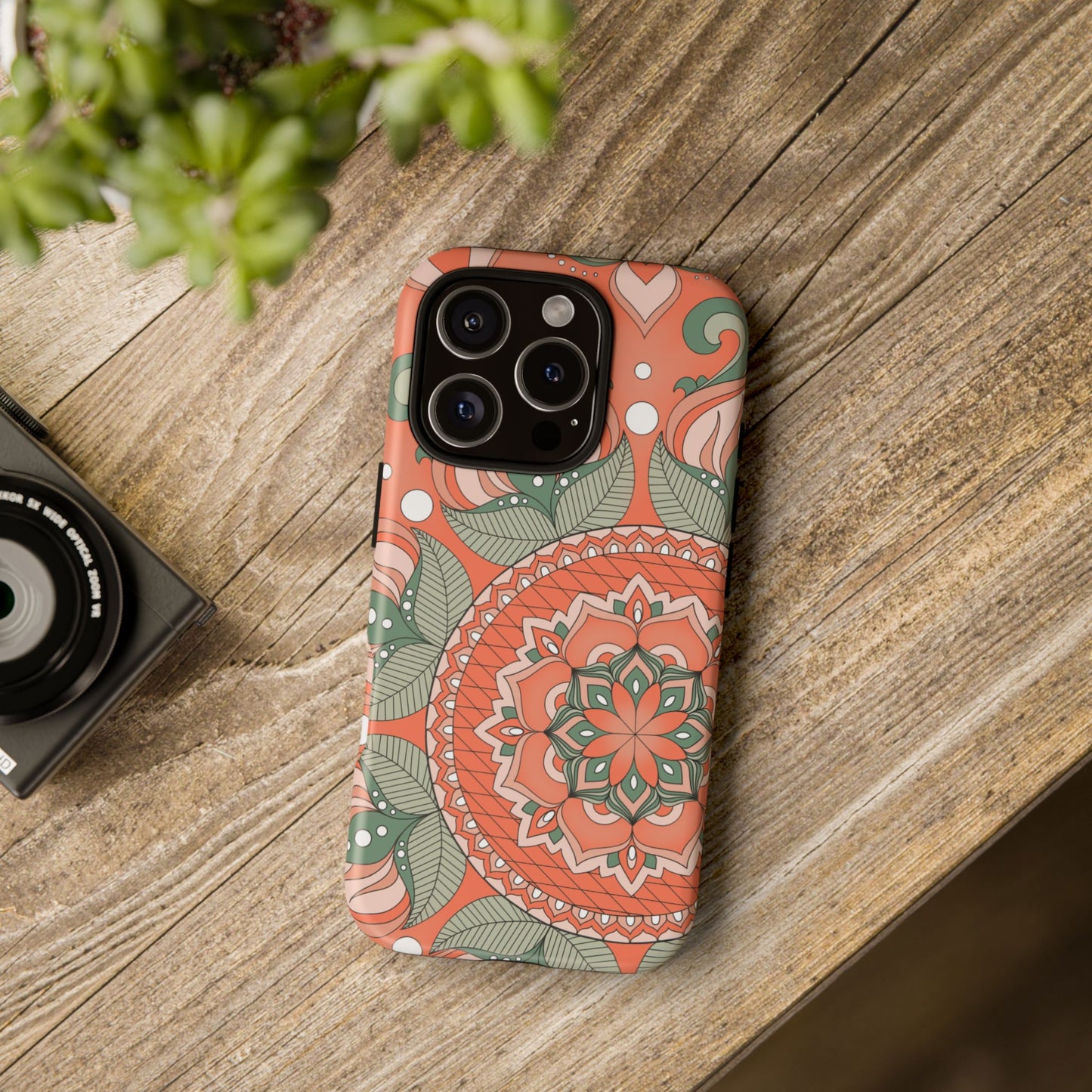 "Persimmon" Mandala Floral Phone Case — Boho Coral Green Protective Cover