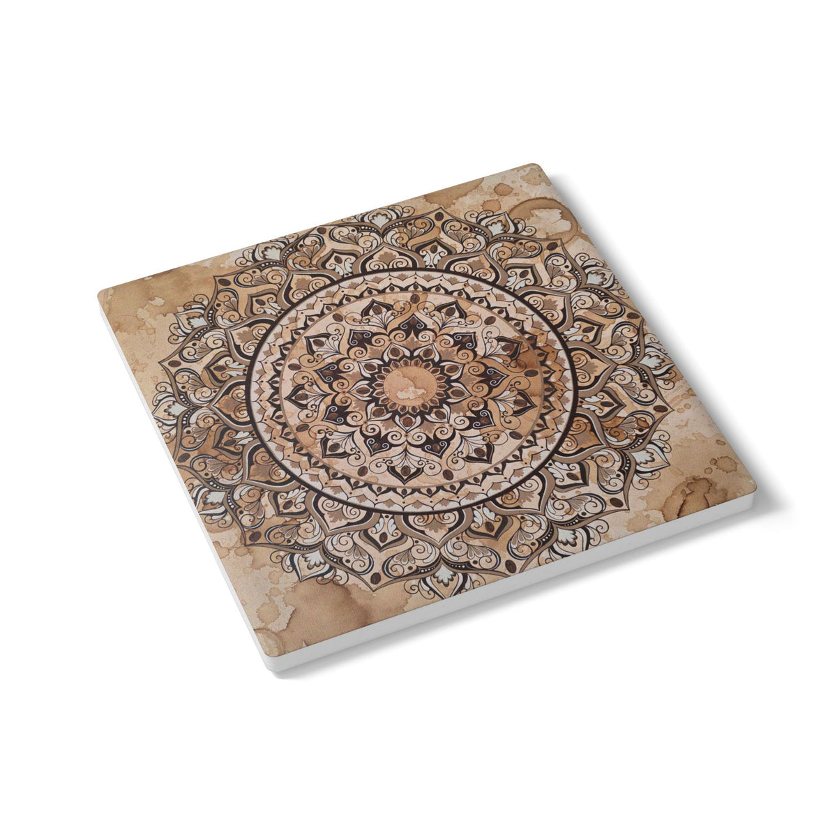 Espresso Beans Mandala Ceramic Coaster — Boho Coffee Lover Gift | Sepia Art Drink Coaster