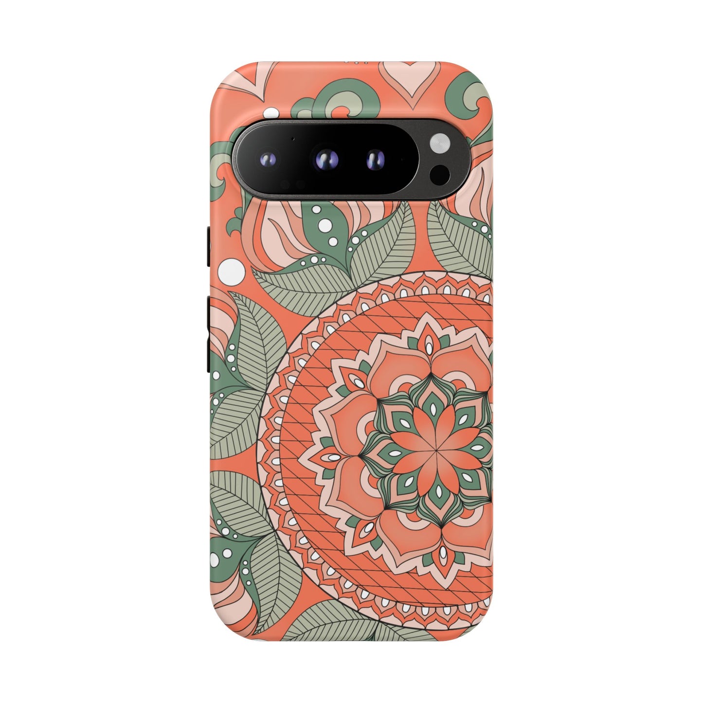 "Persimmon" Mandala Floral Phone Case — Boho Coral Green Protective Cover