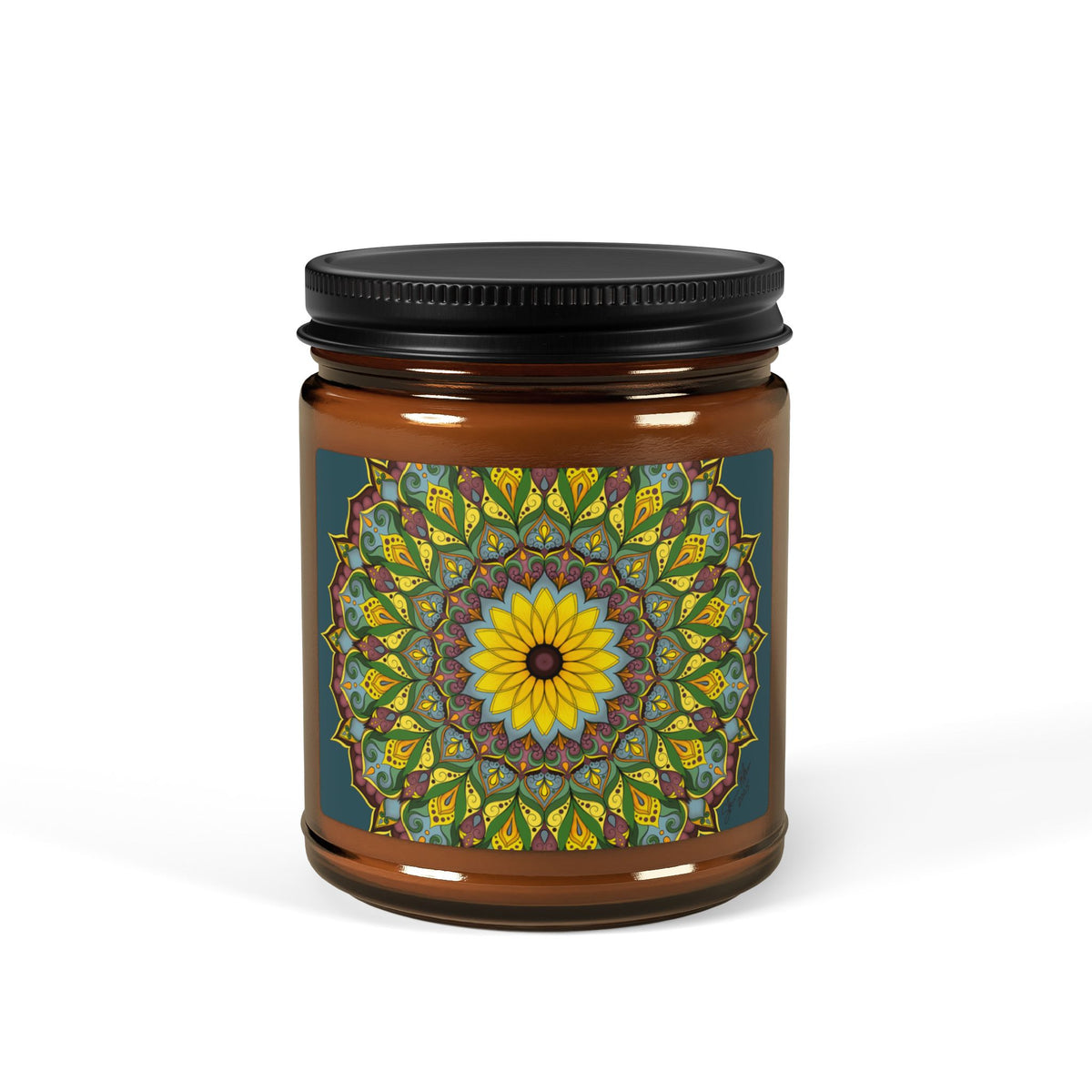 Sunflower Mandala Soy Candle in Amber Jar