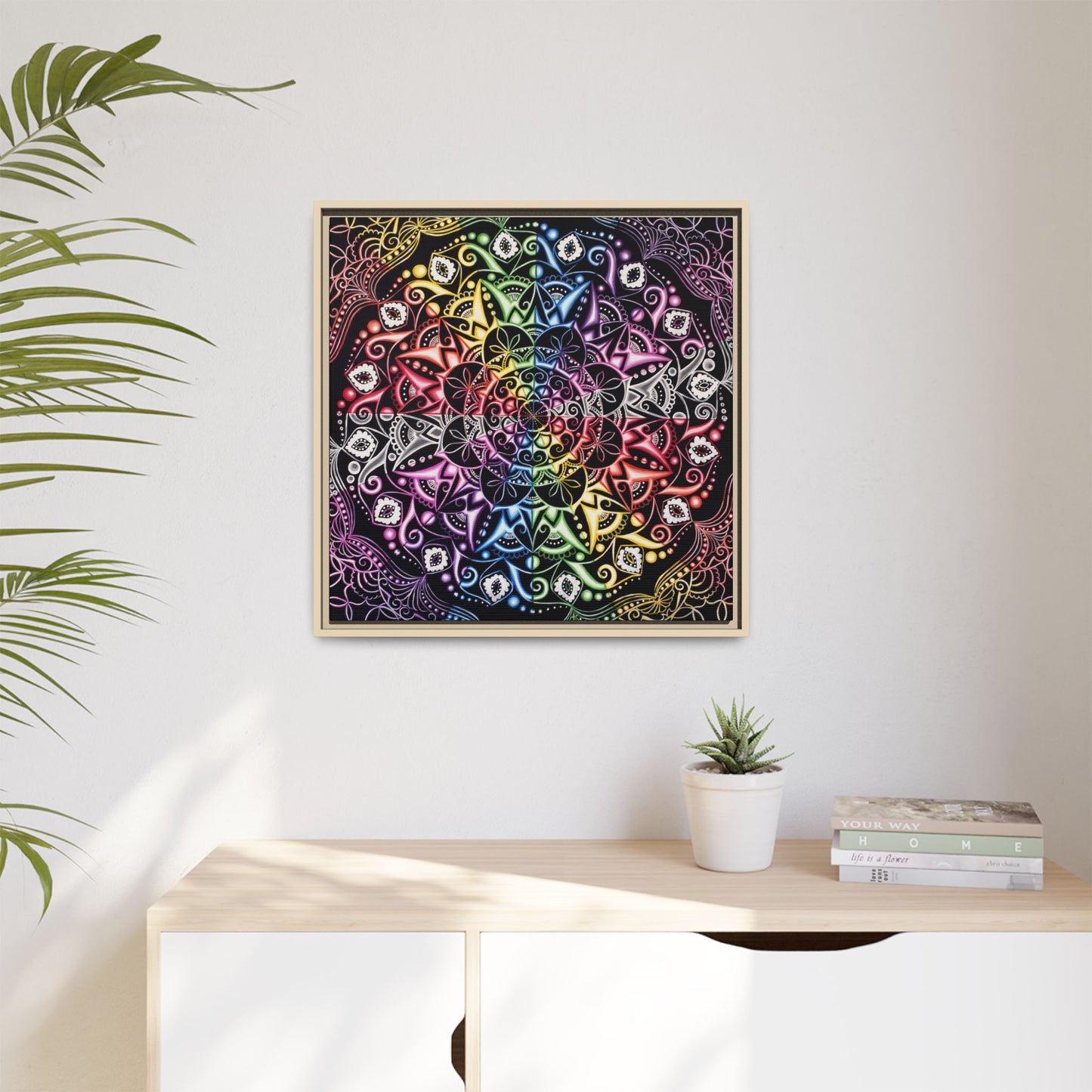 Rainbow Mandala Framed Canvas Art — Psychedelic Boho Wall Decor