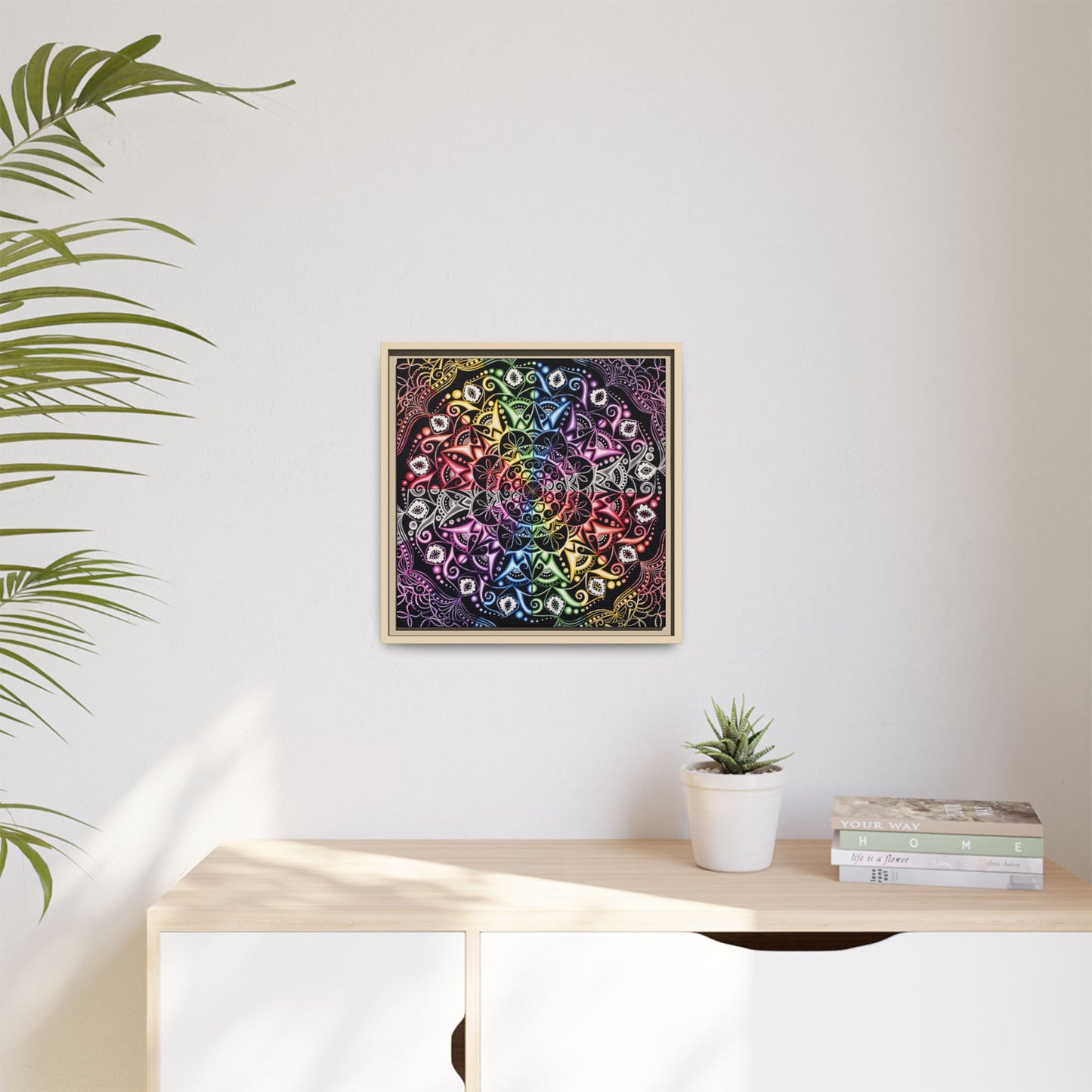 Rainbow Mandala Framed Canvas Art — Psychedelic Boho Wall Decor
