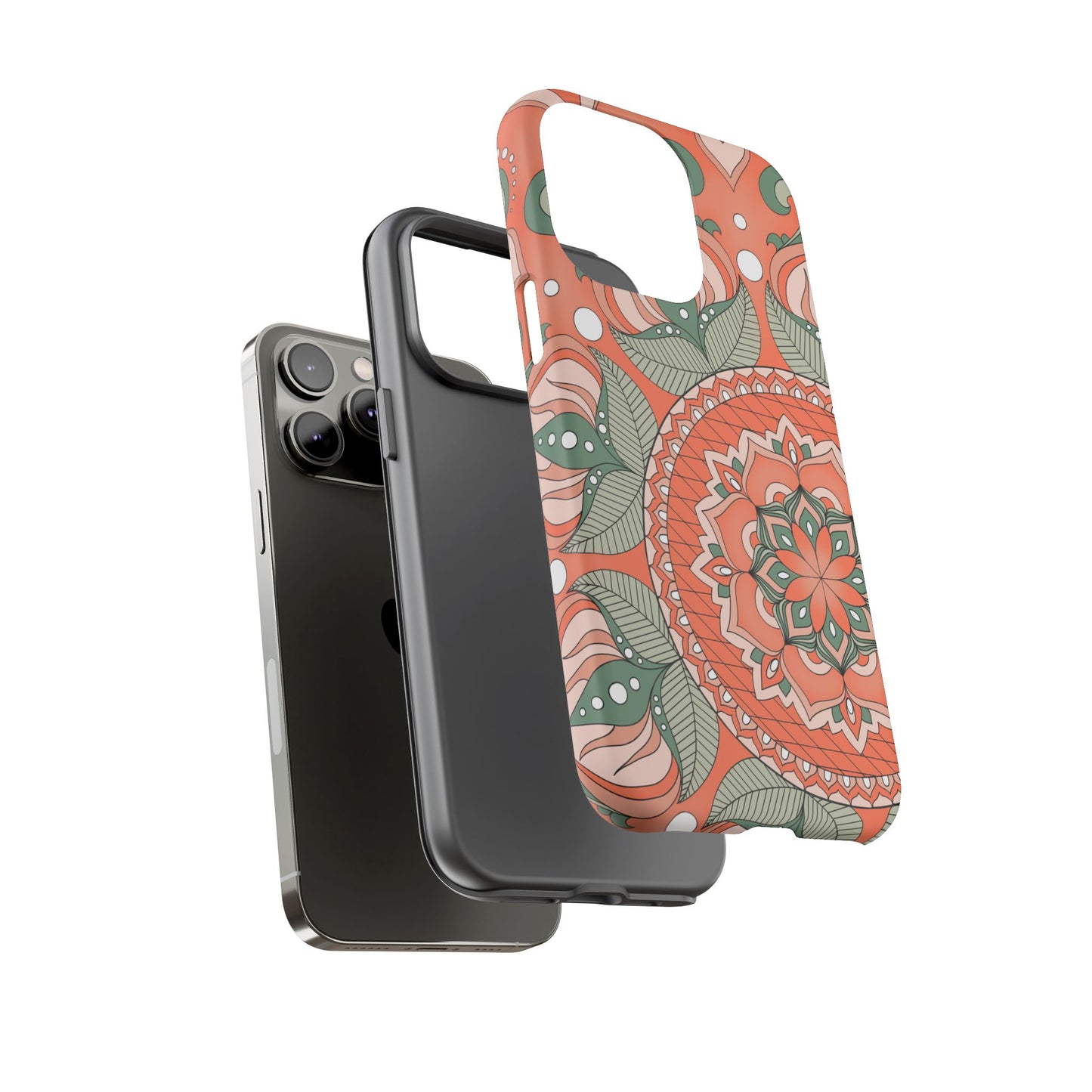 "Persimmon" Mandala Floral Phone Case — Boho Coral Green Protective Cover