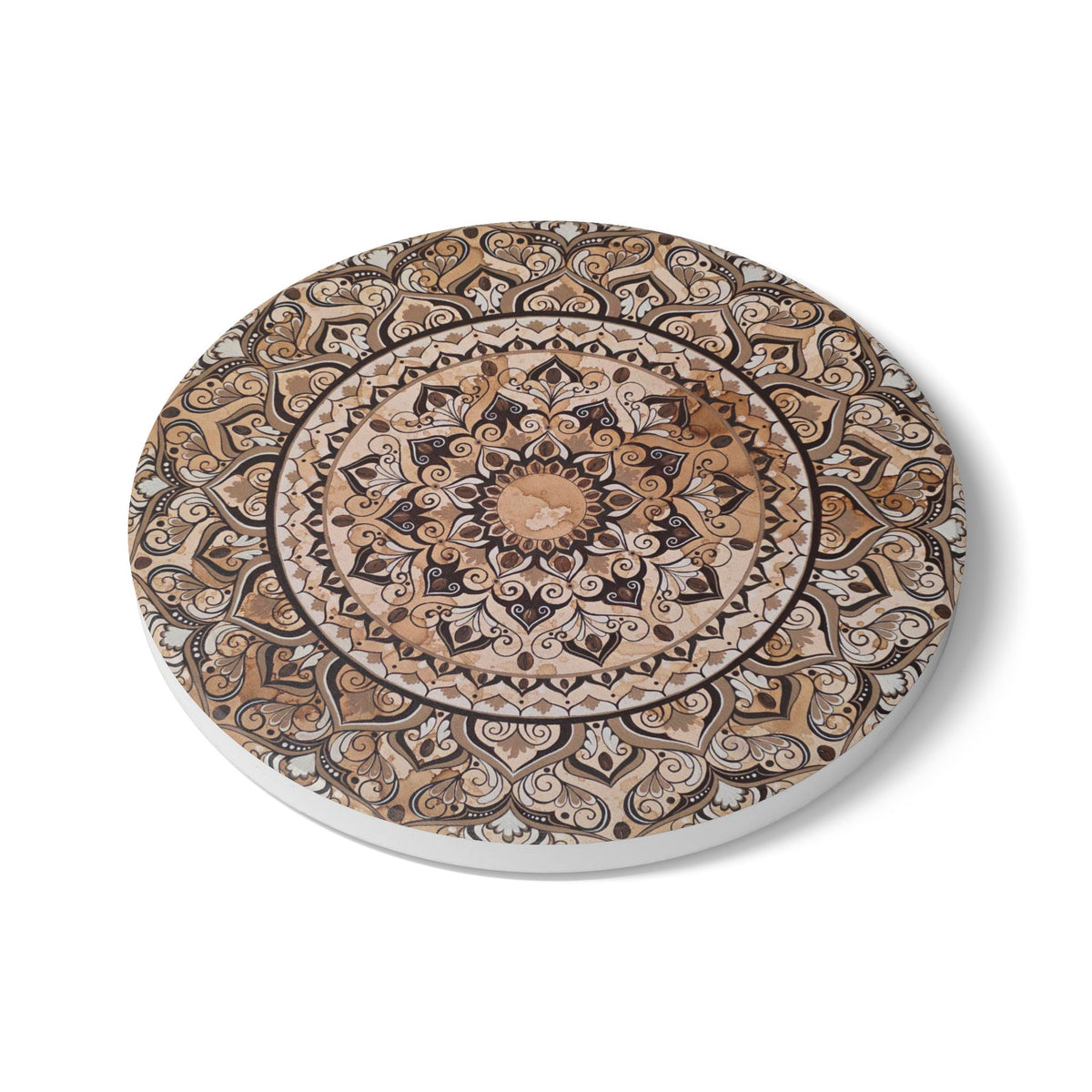 Espresso Beans Mandala Ceramic Coaster — Boho Coffee Lover Gift | Sepia Art Drink Coaster