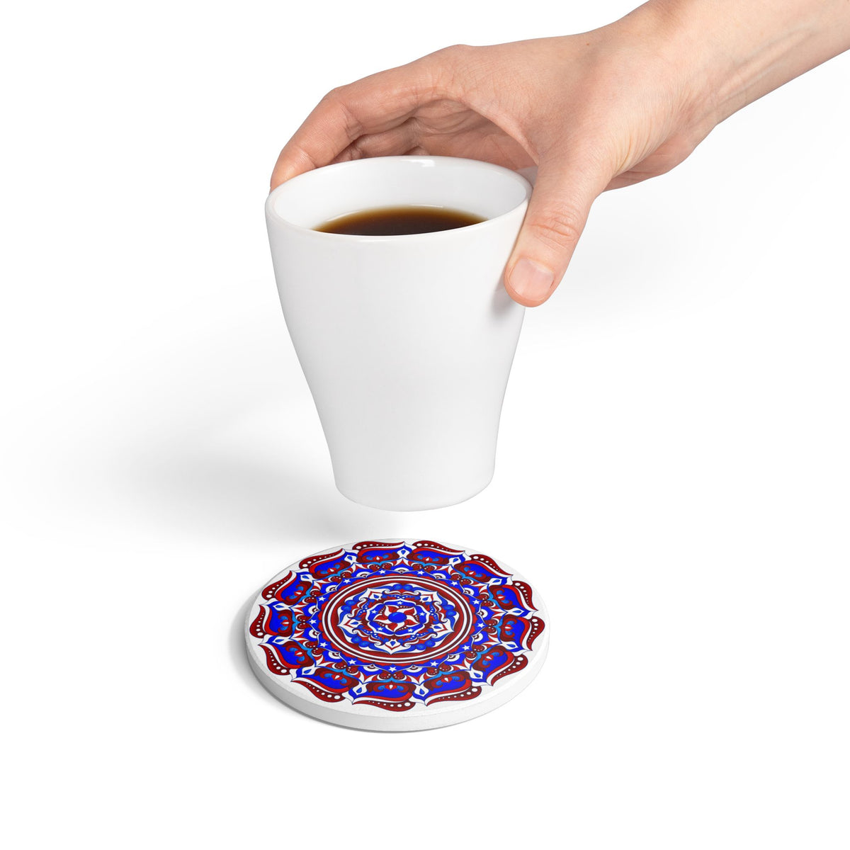 Patriotic Mandala Ceramic Coaster — Red White & Blue Boho Home Decor | 250th Anniversary Gift