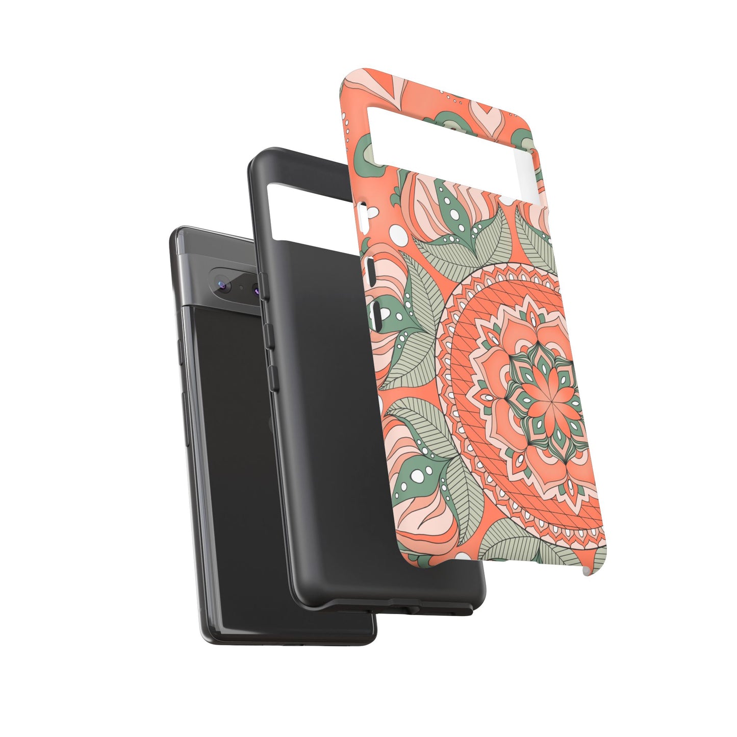 "Persimmon" Mandala Floral Phone Case — Boho Coral Green Protective Cover