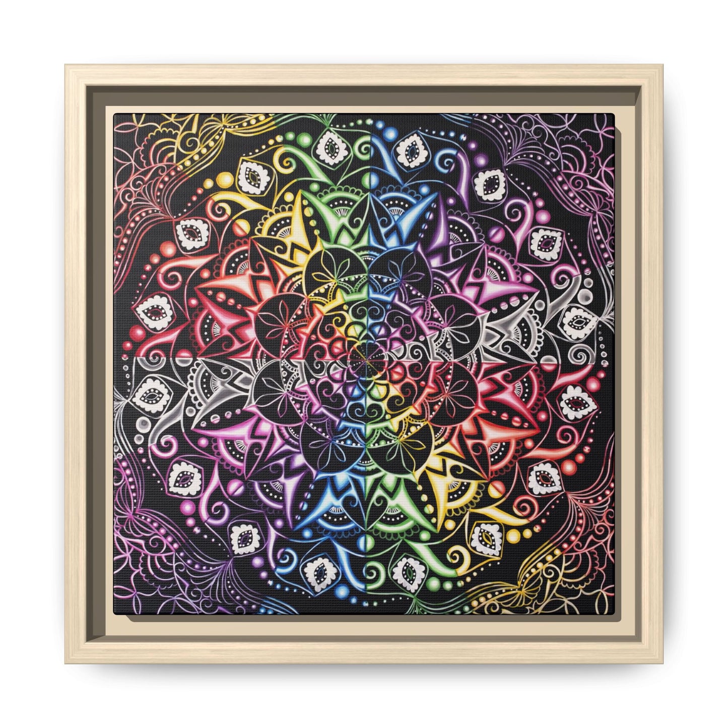 Rainbow Mandala Framed Canvas Art — Psychedelic Boho Wall Decor
