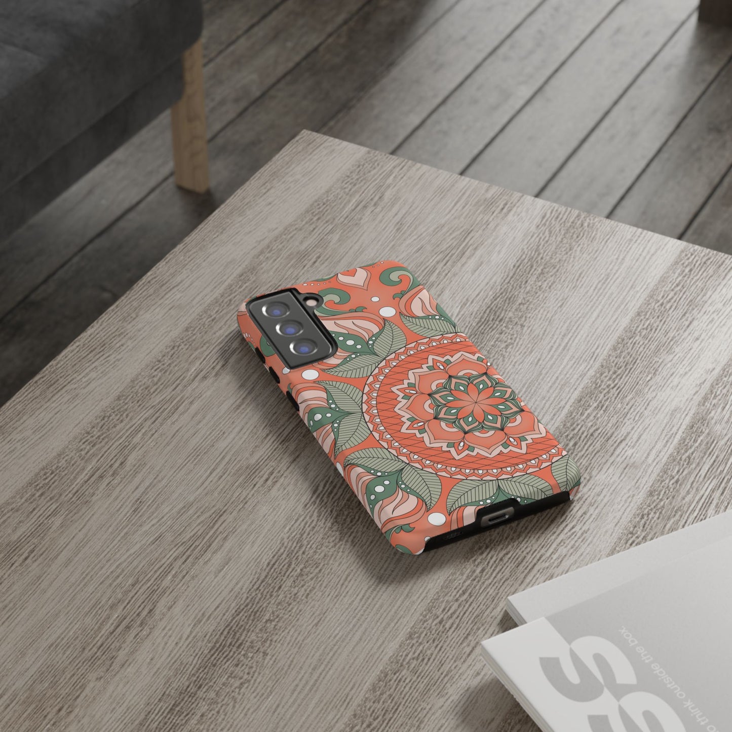 "Persimmon" Mandala Floral Phone Case — Boho Coral Green Protective Cover
