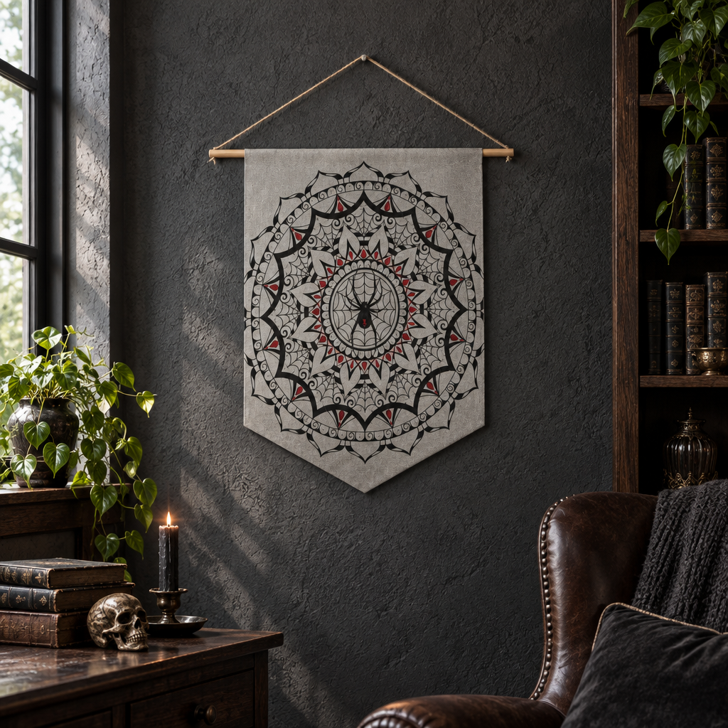 Spider mandala wall pennant hanging from wooden dowel on charcoal wall
