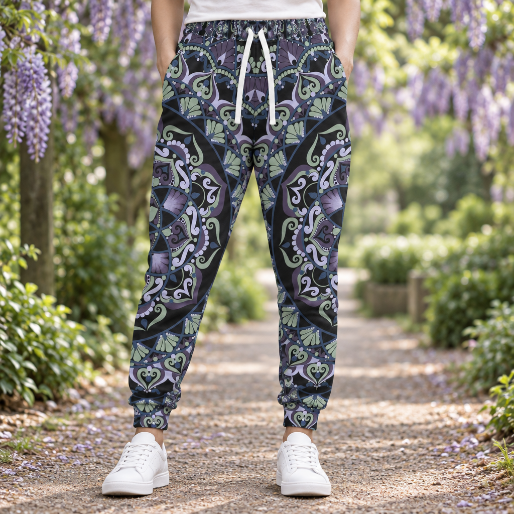 Wisteria mandala joggers worn on a garden path with wisteria flowers