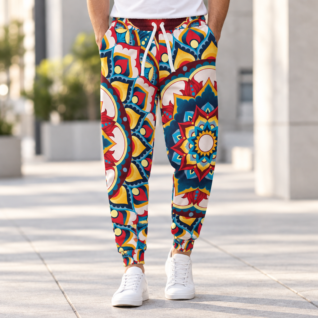 Azul Morning geometric mandala joggers worn on a bright city walkway