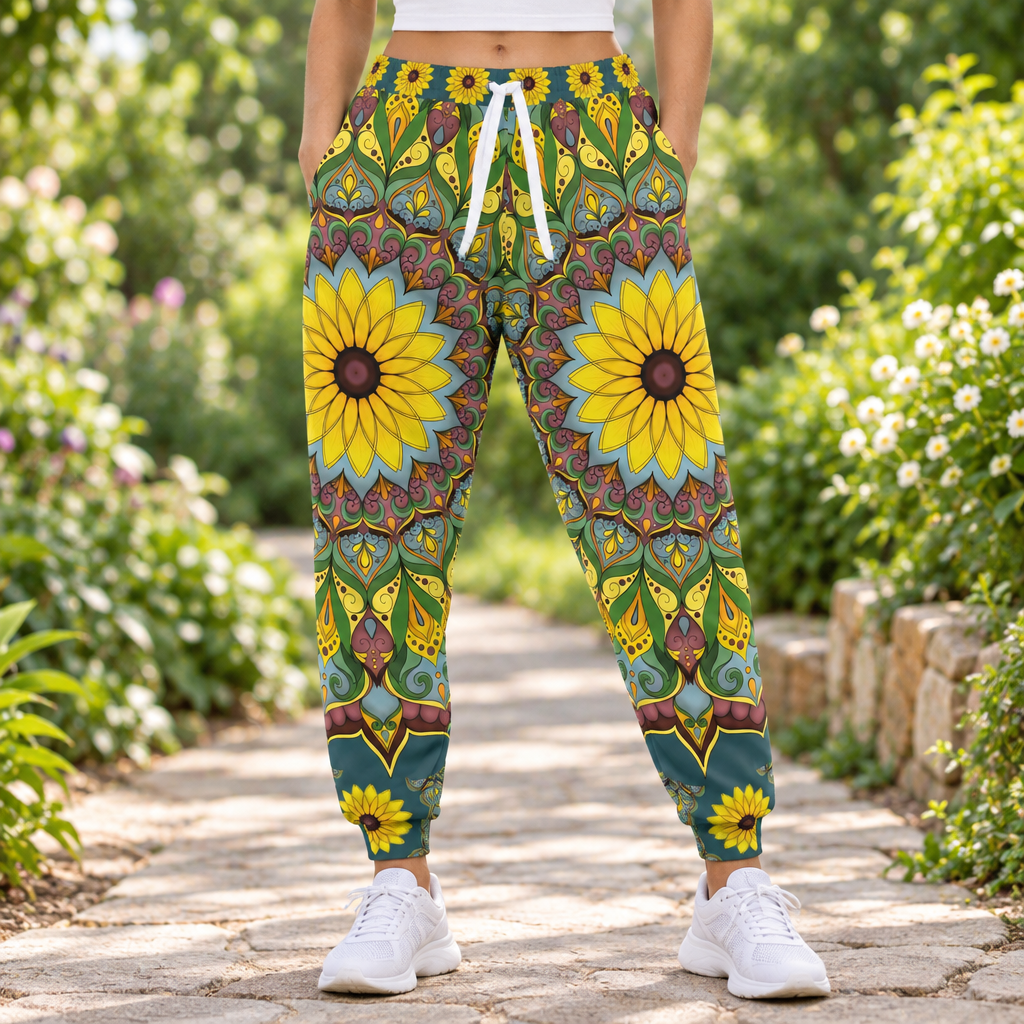 Sunflower mandala joggers worn on a garden walkway