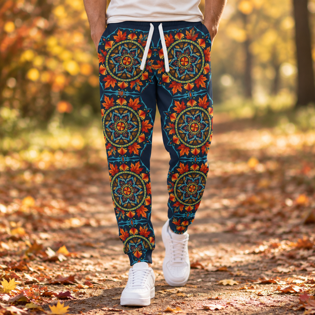 Autumn mandala joggers worn on a walk in a sunlit fall park