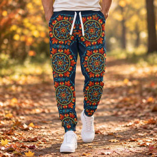 Autumn mandala joggers worn on a walk in a sunlit fall park