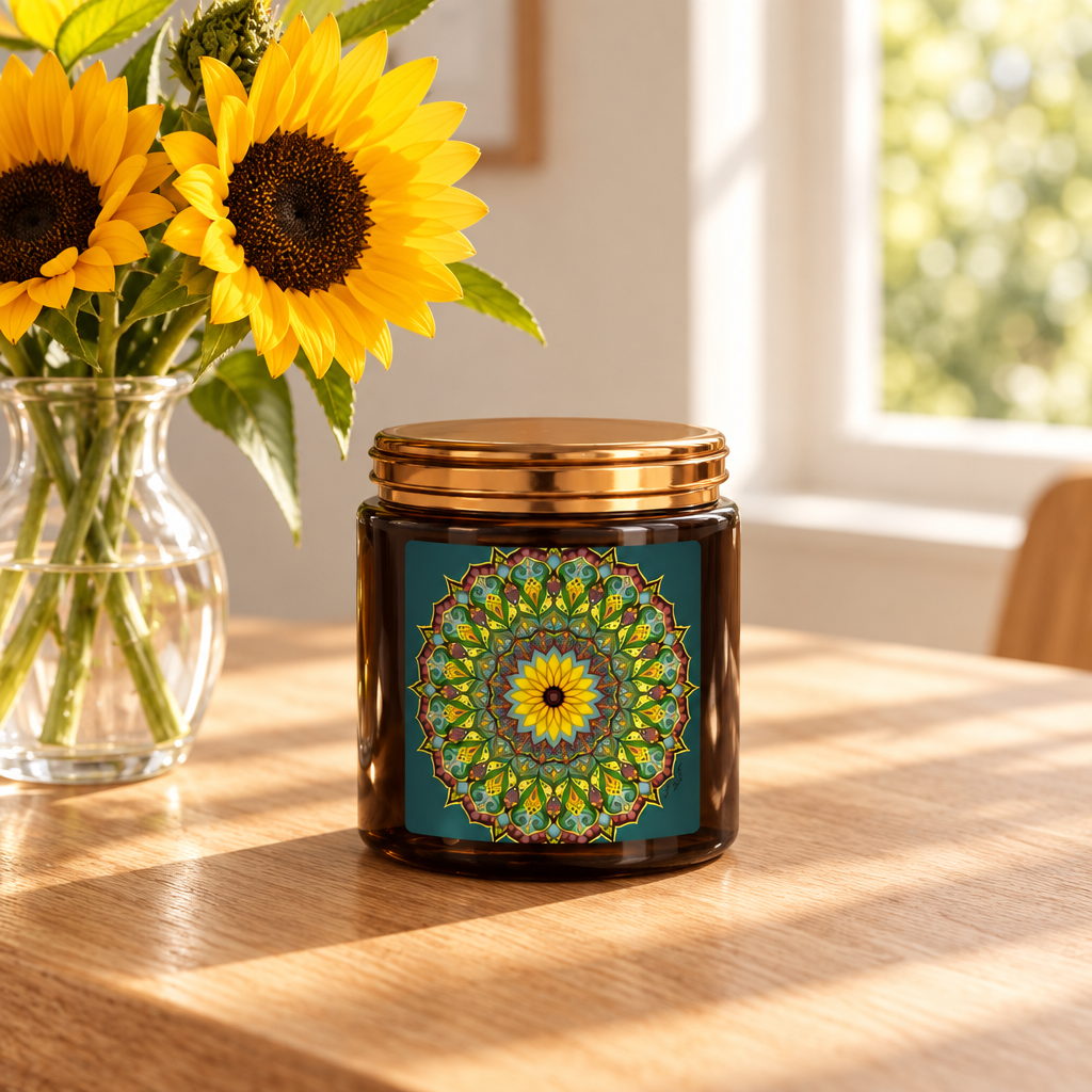 Sunflower mandala candle in amber jar on a sunlit table beside sunflowers