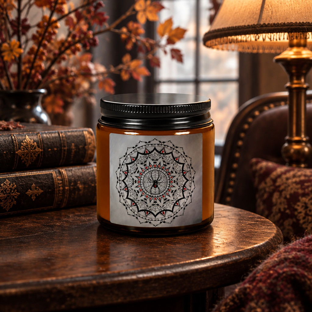 Amber jar spider mandala candle on a dark wood table beside books