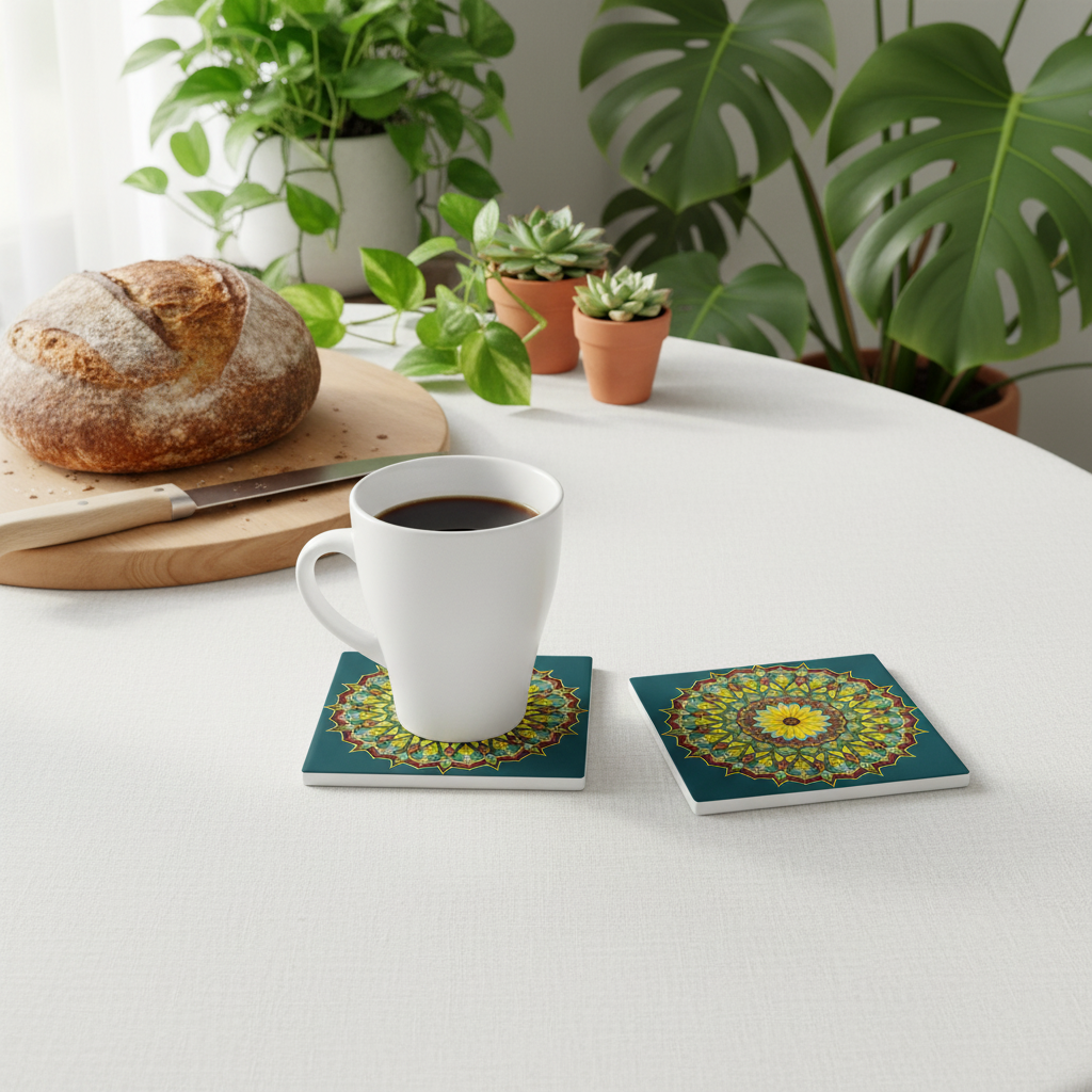 Sunflower Mandala Coaster Breakfast Lifestyle